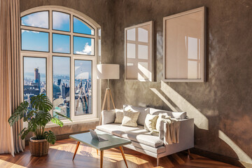 luxurious loft apartment with arched window and panoramic view over urban downtown; noble interior living room design mock up; 3D Illustration