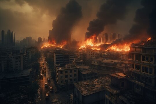 Illustration Of A City On Fire, Destroyed By Disaster And Apocalypse With Black Skies And Skyscrapers. Realism Art Background. Generative AI