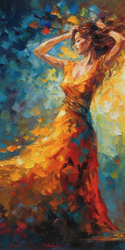 An Attractive Woman With An Orange Dress, Dancing Oil Painting Artwork, Ai Generated Image