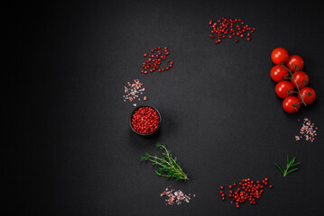 Ingredients for cooking cherry tomatoes, salt, spices and herbs © chernikovatv