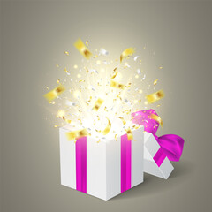 Open gift box with rays of lights and confetti. Vector template greeting card for anniversary, holiday or birthday.
