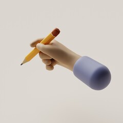 Cartoon character hand holds pencil or digital pen. Writing or drawing. 3d render illustration