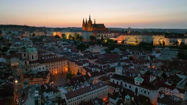 Aerial view of Prague Old Town with St. Vitus Cathedral and Prague castle complex