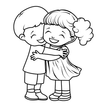 Happy girl and boy hugging joyfully. Love, friendship, a sign of attention. Fun, funny coloring book. Vector, cartoon drawing. Linear, outline, simple, silhouette. For print and web design