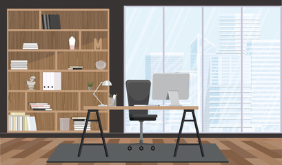 Obraz premium Dark business room interior with pc computer on work desk and shelf with documents, carpet on hardwood floor.