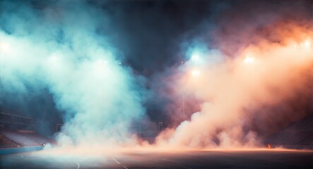 Obraz premium Bright stadium arena lights and smoke, generative ai