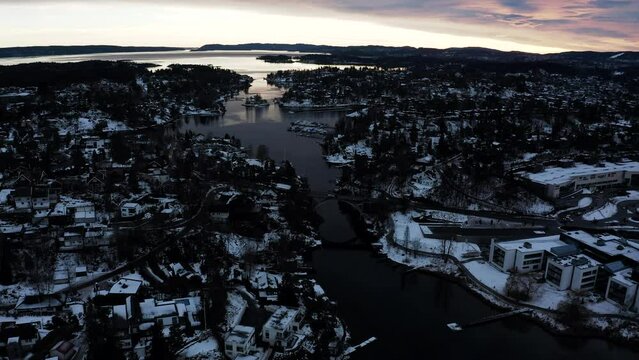 Aerial view of Drammen cityscape in winter in Norway