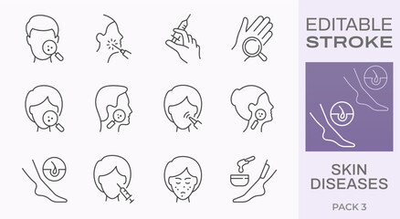 Skin diseases icons, such as psoriasis, sunburn, rosacea, bruise and more. Editable stroke.