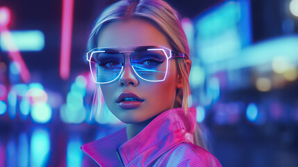 Obraz na płótnie Canvas Women wearing eyeglasses futuristic neon fancy glamour beautiful cool eyewear accessories sunglasses Generative AI
