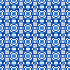Decorative Greek blue and white geometrical seamless pattern, AI-assisted creation - obrazy, fototapety, plakaty