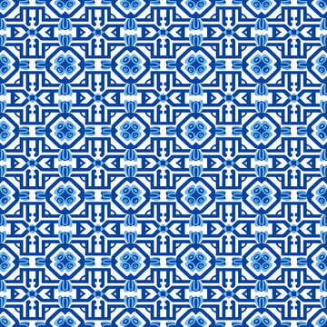 Decorative Greek blue and white geometrical seamless pattern, AI-assisted creation