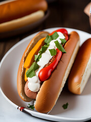 Realistic hot dog cozy restaurant warm lighting.