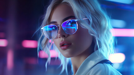 Women wearing eyeglasses futuristic neon fancy glamour beautiful cool eyewear accessories sunglasses Generative AI