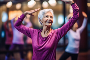 Elderly senior woman in stretching exercise yoga class, wearing long sleeved purple shirt, indoor. Generative AI