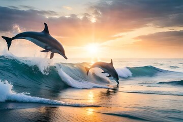 dolphin jumping into the sea with waves , by generative Ai