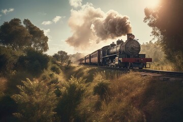 Obraz na płótnie Canvas Old fashioned train traversing rural landscape. Generative AI