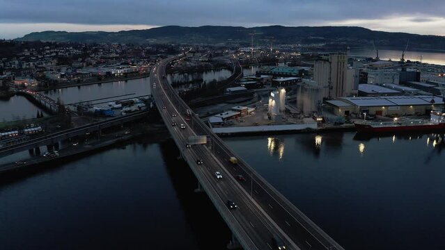 Aerial view of the longest bridge and Drammen port at sunrise in Norway