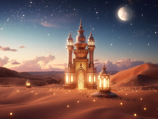 Fototapeta premium Photo Islamic Mosque in the evening with sunlight background