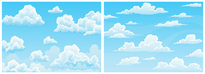 Cloudscape sky cartoon background set . Light blue daytime sky with white fluffy clouds. Heaven with bright weather, summer season outdoor scene.  illustration