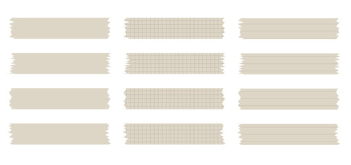 Set of paper sheets. Pieces of decorative tape for scrapbooks. Washi tapes collection in vector. Ripped paper. Torn pieces of paper from a notebook in a cell