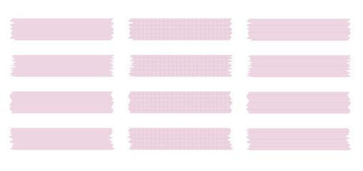 Set of pink paper sheets. Pieces of decorative tape for scrapbooks. Washi tapes collection in vector. Ripped paper. Torn pieces of paper from a notebook in a cell