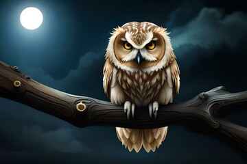 An owl sitting on the dead shoot of the tree at the time of night, by generative Ai
