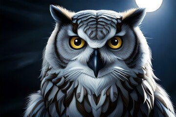 closeup of an owl with shining eyes, by generative Ai