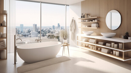 A minimalist Scandinavian bathroom with clean lines and natural materials, featuring a freestanding bathtub, a floating vanity, and soft neutral tones Generative AI