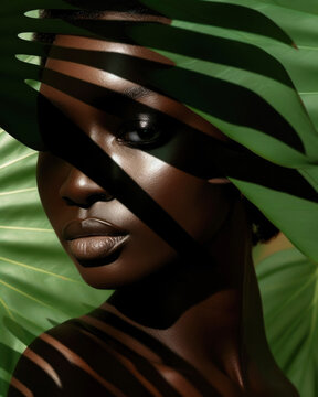 Beauty portrait of Black woman with nature palm leaf shadows. Generative AI.