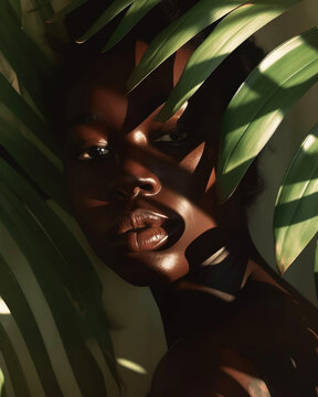 Beauty portrait of Black woman with nature green leaves shadows. 