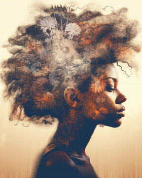 Dreamy beauty image of Black woman's head with flowers.  Generative AI
