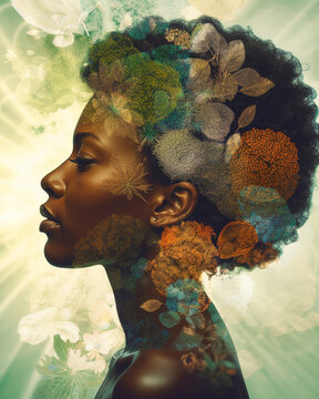 Dreamy beauty image of Black woman's head filled with flowers.  Generative AI