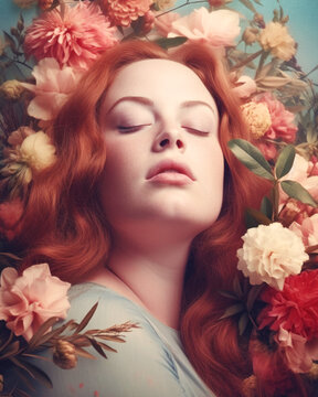 Dreamy fashion beauty portrait of curvy woman with makeup and flowers. Generative AI