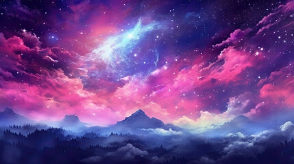 View of mountain and colorful background with stars by AI