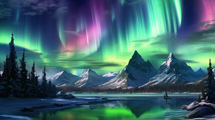 winter landscape with mountains and a lake with aurora by AI