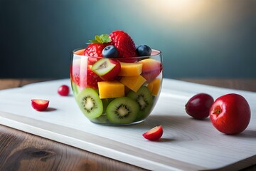 fruit salad in bowl on the white colored table , by generative Ai