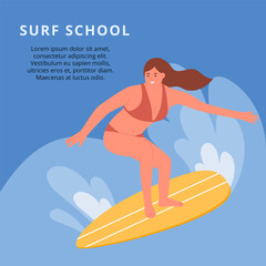 Surf school, extreme active sport square banner template. Woman catch wave standing on surfboard. Vector illustration in flat cartoon style