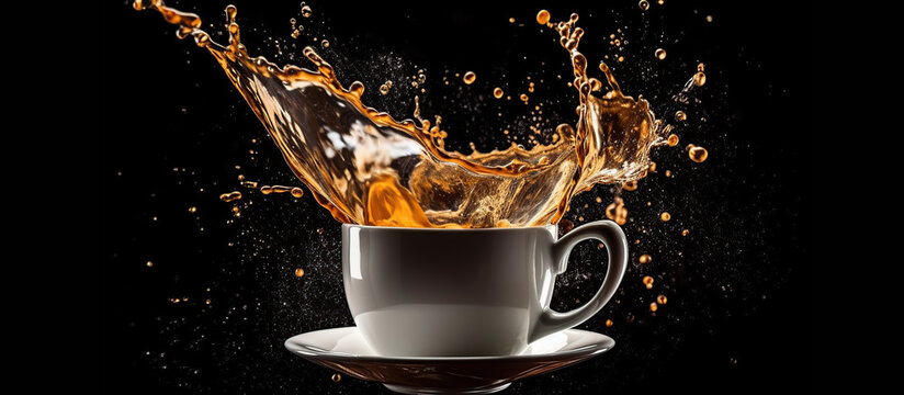 Coffee splash in flying black ceramic coffee cup Generative AI