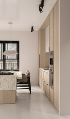 Elegant chic kitchen interior with natural materials. Wooden cabinet, ceiling, stone countertop and concrete floor. Windows with beautiful landscape view. 3d rendering. High quality 3d illustration