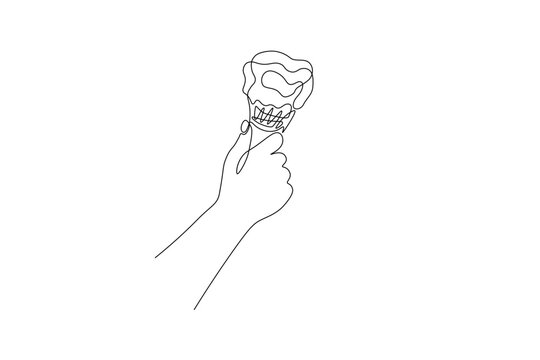 One continuous line drawing of ice cream. Linear hand holding gelato in waffle cone, summer dessert cafe concept. Vector art