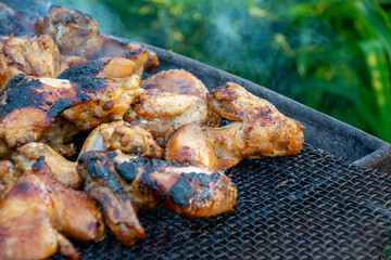 chicken drumsticks are grilled on a barbecue grill in the evening.