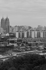 Vertical shot of buildings in Putuo and Changn District, Shanghai in grayscale