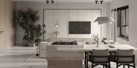 Beige living room interior with empty tv wall, ceiling lamp and kitchen island. Mockup canvas poster. Panoramic window on tropics view. 3d rendering. High quality 3d illustration