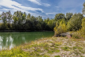 Landscape scene of green trees reflecting on a lake under blue sky in the summer