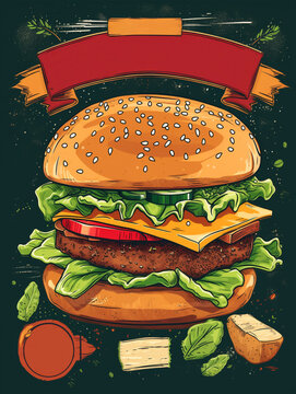 burger menu illustration poster with banner for text, generative ai