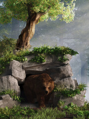 A brown bear emerges from its den, a rocky cave.  This gizzly looks like you just woke him from his hibernation. He is one angry animal. Watch out for this wildlife. 3D Rendering

