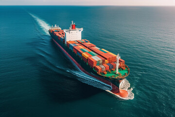 Global logistics, container ship on open sea, aerial drone perspective. Generative Ai.