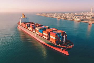 Container ship aerial drone view, sea freight business logistics, export and import, shipping cargo boat transpor. Generative Ai.