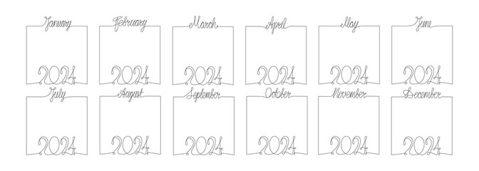 2024 year month frames backgrounds set. Hand draw vector stock illustration isolated on white background for social media template, print industry or design photo album. Editable stroke.