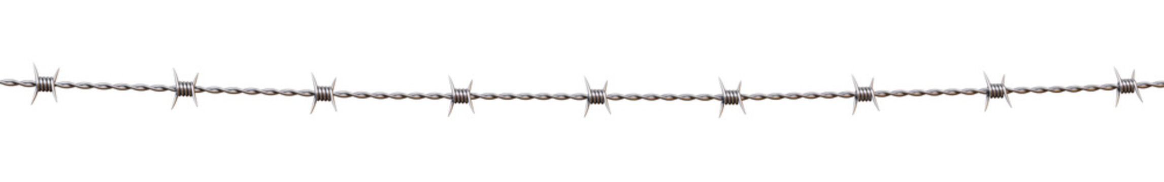 Shiny metal steel barbed wire with thorns or spikes realistic, 3D render.